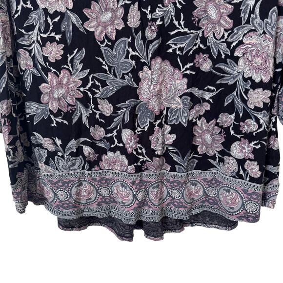 Lucky Brand Womens 3/4 Sleeve Floral Henley Size 1X Black Bohemian Tapestry‎ - Picture 4 of 10